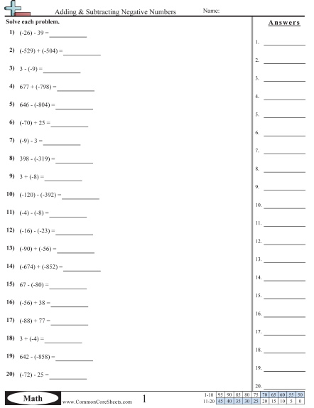 Negative Number Worksheets - Standard Form worksheet